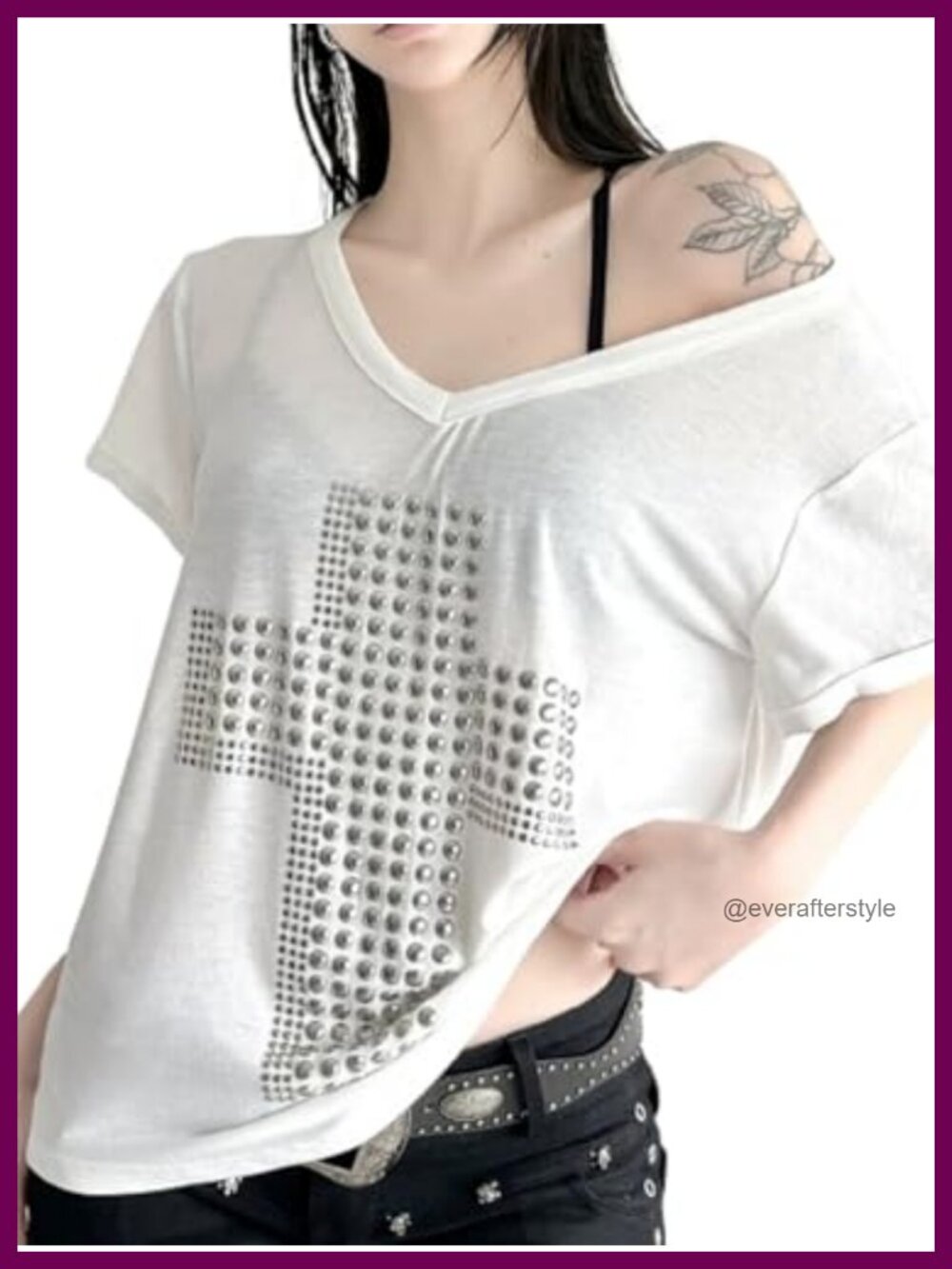 Oversized Rhinestone Cross Goth Graphic Tee V-Neck Grunge Emo Y2K Tshirt